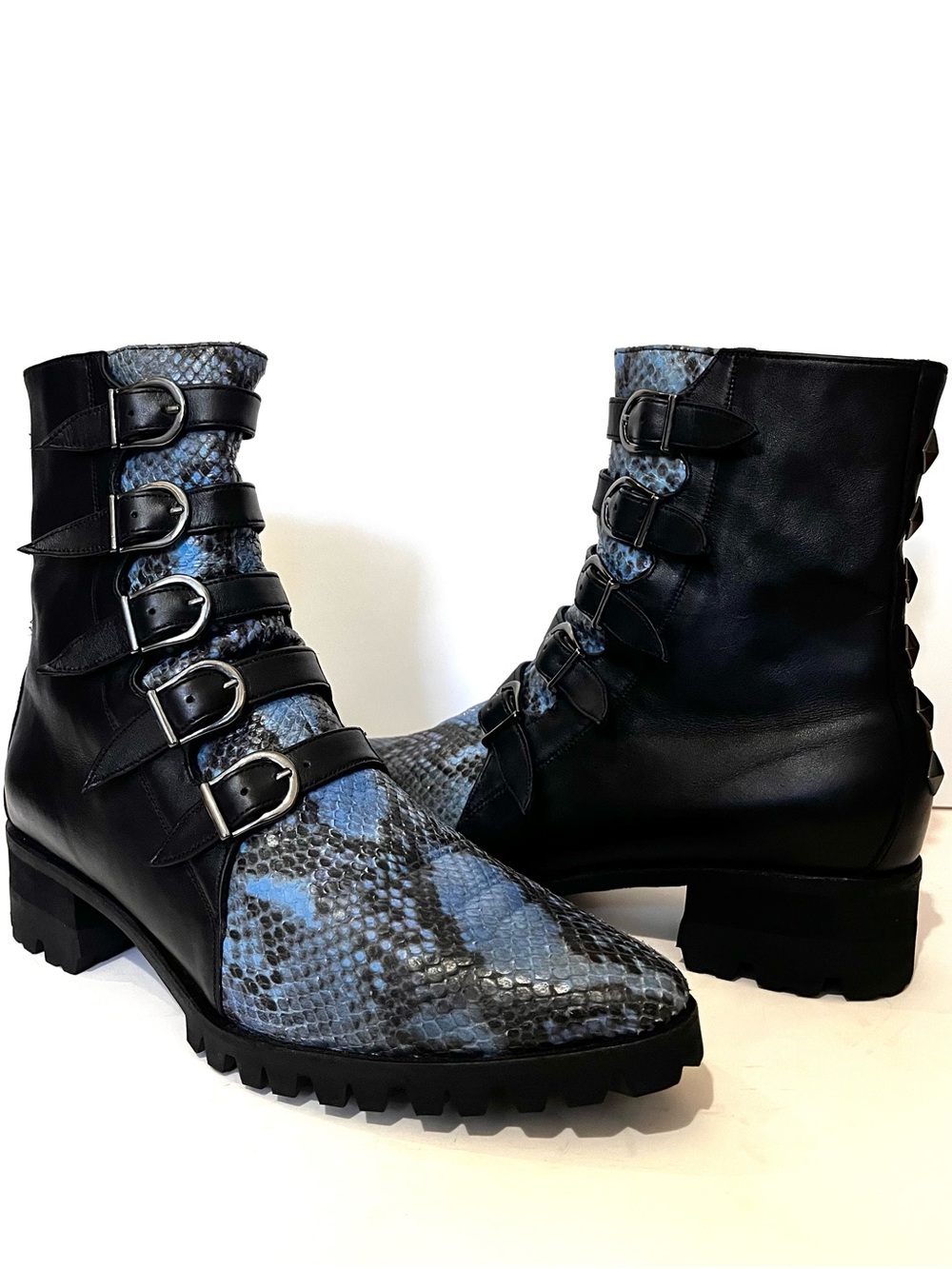 $598 MODERN VICE 5-Buckle Jett w/Lug Sole Leather Snake-Print Buckle Combat Boot